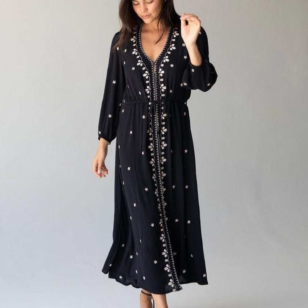 NWT Natural Life Maxi Dress Size LG Hook & Eye Embroidered Boho Artisan